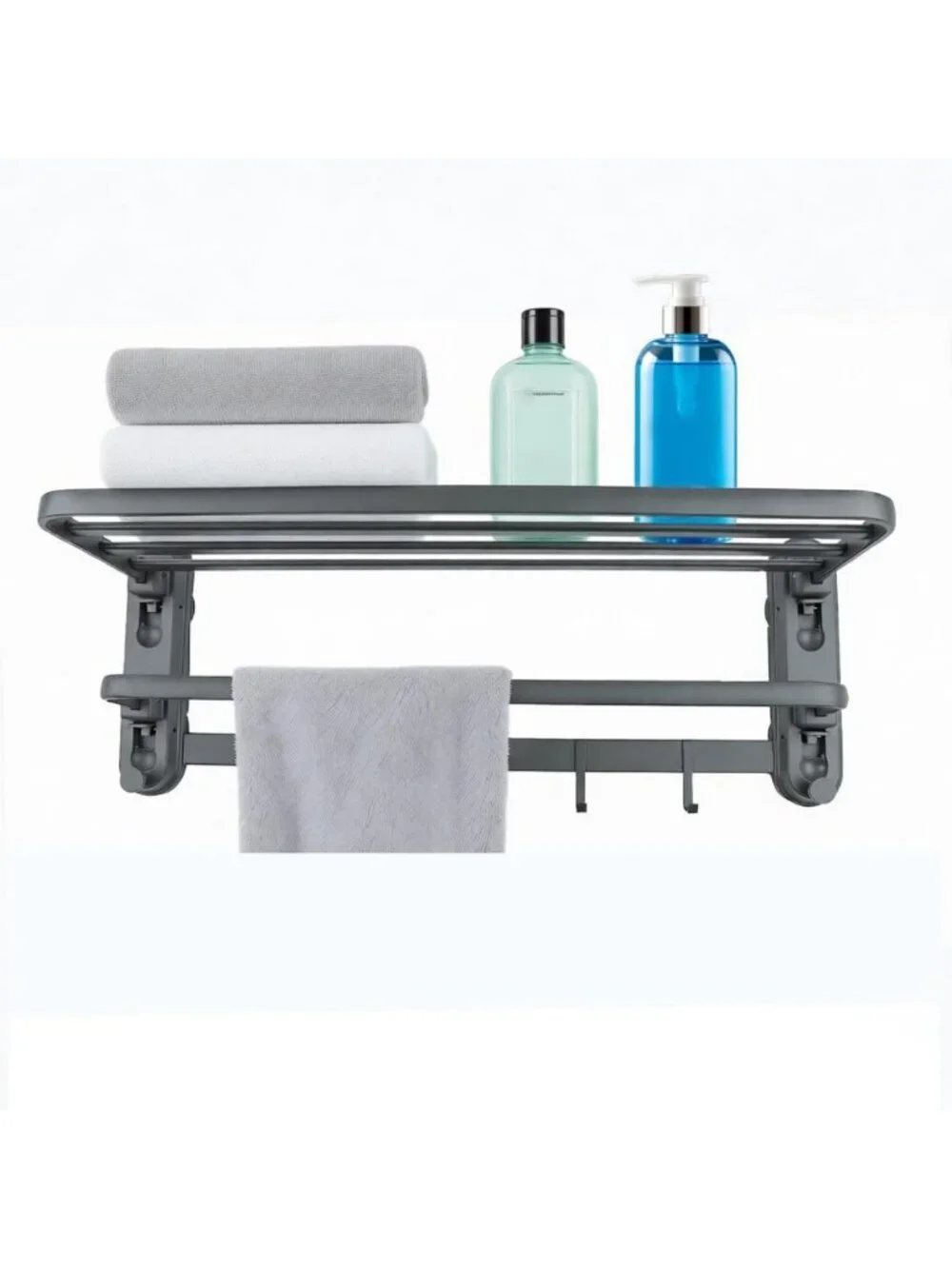 24-Inch Wall-Mounted Towel Shelf with Hooks - Modern Foldable Bathroom Rack
